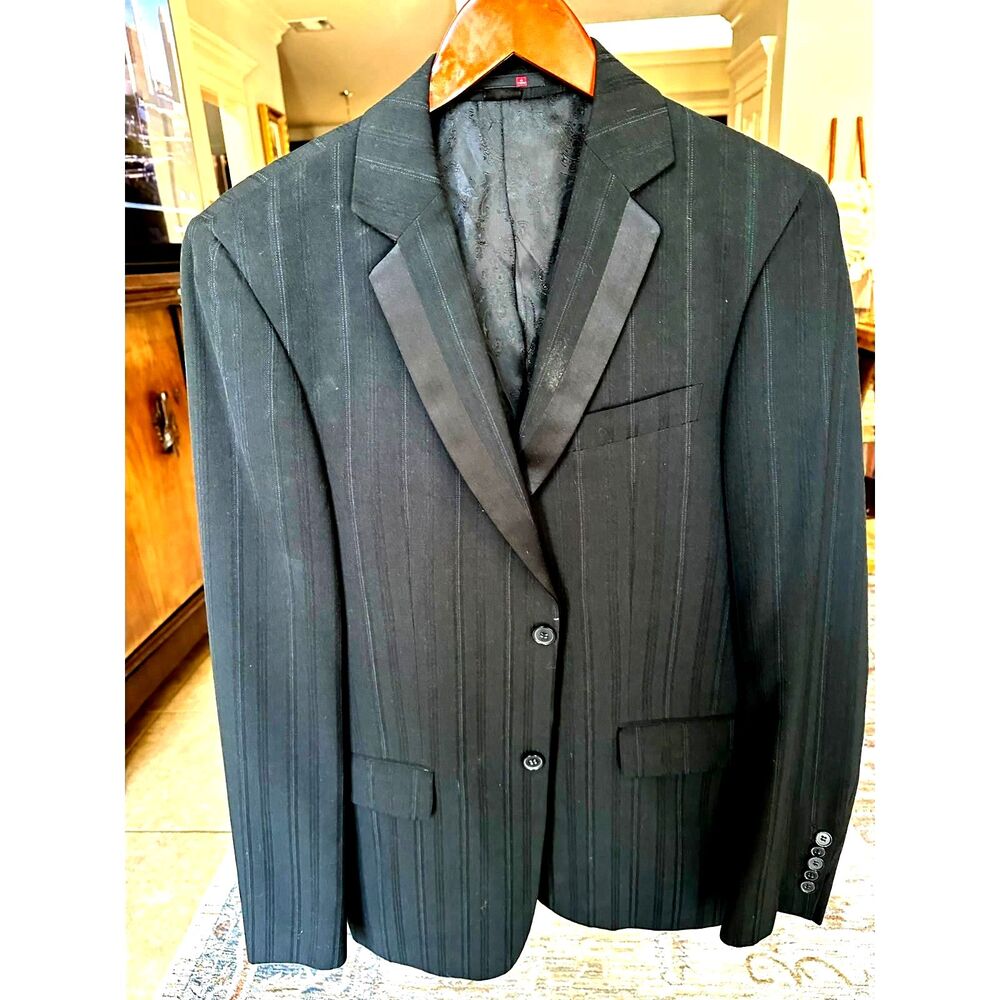 4 You Vintage Black Pinstripe Blazer Tuxedo Satin Peak Trim Jacket Size L 40R